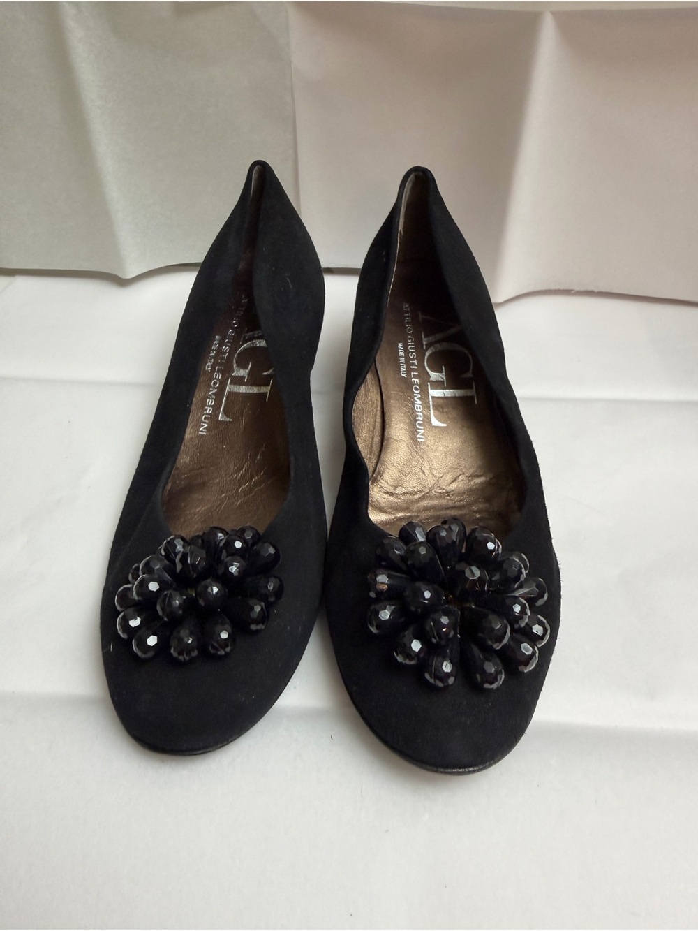 AGL Black Suede Floral Bead Embellished Heels